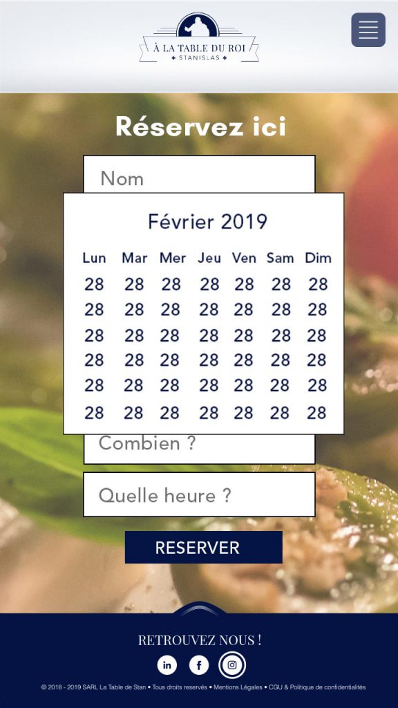 Version mobile du restaurant A la table du Roi Stanislas avec l’aperçu du calendrier lors du clic